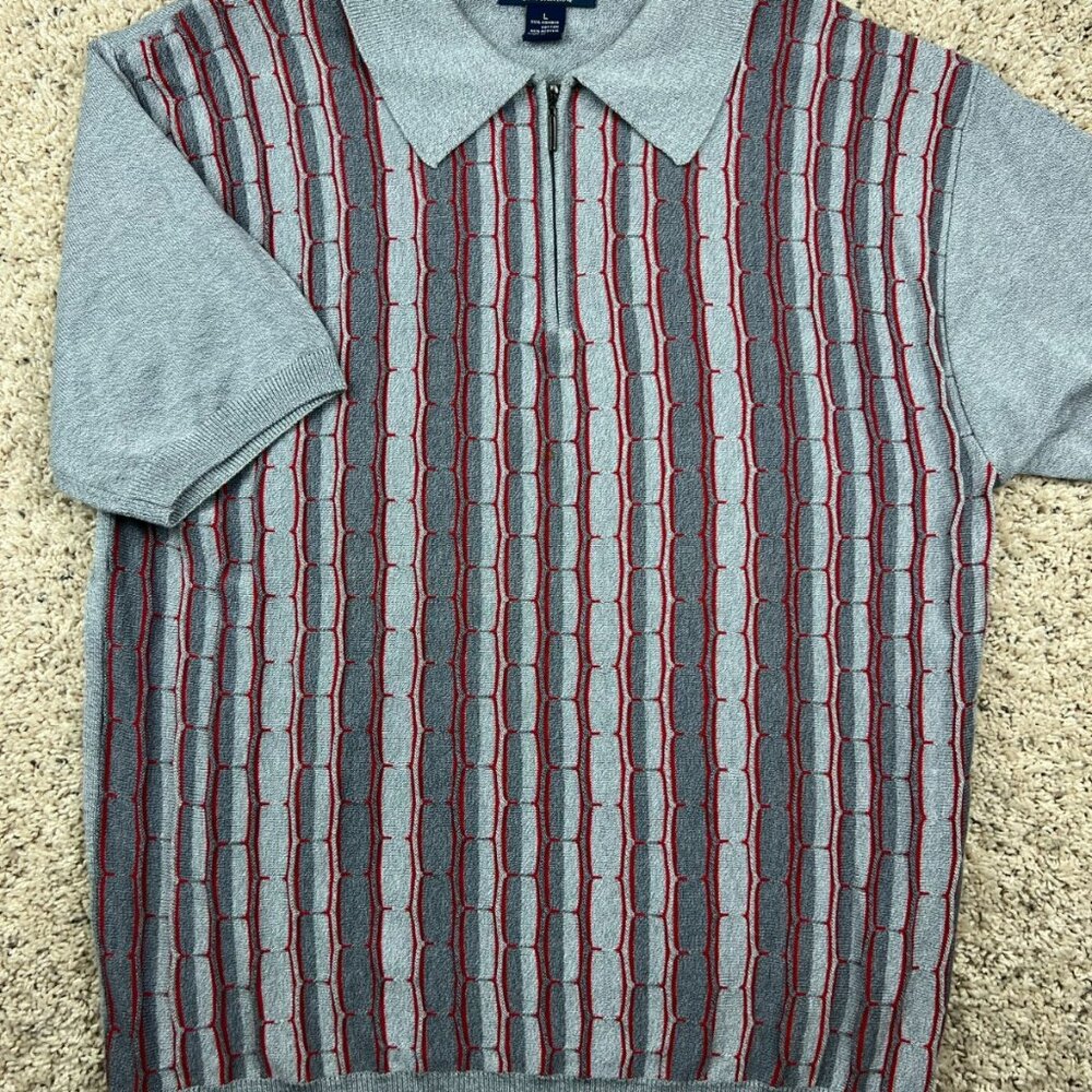 Peletti Large Golf Polo Shirt Red Gray 1/4 Zip Textured Knit Pullover Geometric